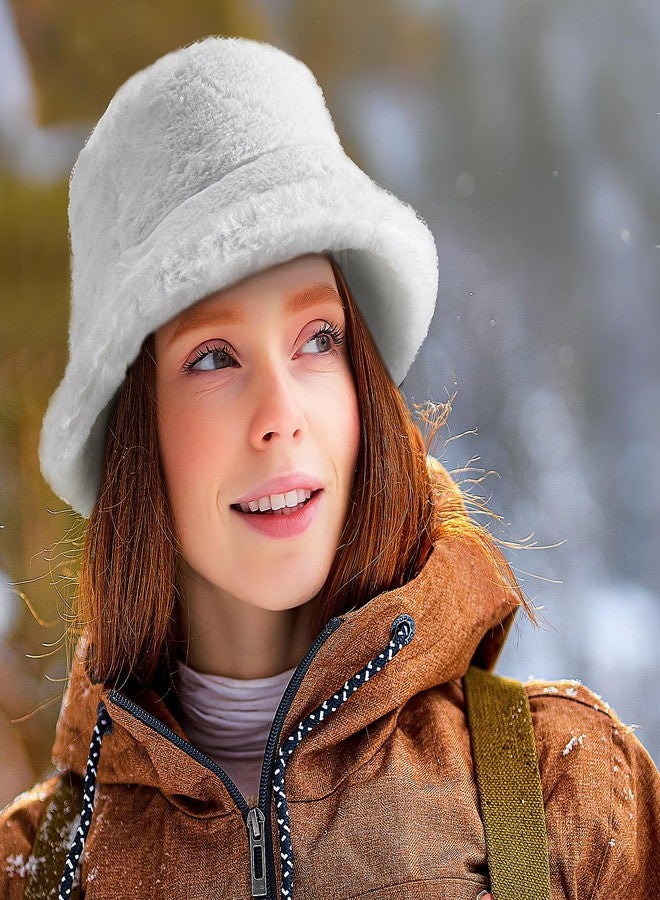 TUSBUIR Warm Furry White Bucket Hat Winter Faux Fur Fisherman Hat Fuzzy Hat Fluffy Cap for Women Men - Image 3